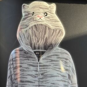 Cat hooded plush pajamas or costume onesie grey/white stripe, adult: L, NEW!